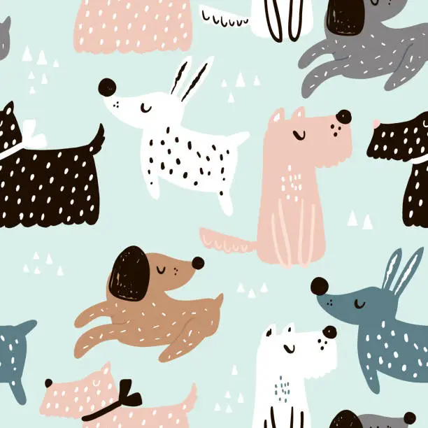 Vector illustration of Childish seamless pattern with hand drawn dogs. Trendy scandinavian vector background. Perfect for kids apparel,fabric, textile, nursery decoration,wrapping paper