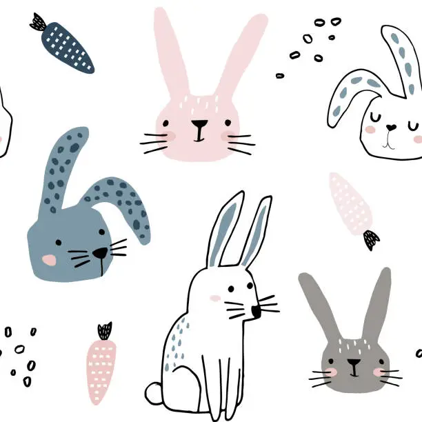 Vector illustration of Seamless pattern with cute bunnies and carrots . Creative childish background. Perfect for kids apparel,fabric, textile, nursery decoration,wrapping paper.Vector Illustration