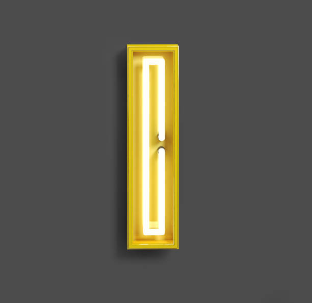 Bright Neon Font with fluorescent yellow tubes. Letter I. Night Show Alphabet. 3d Rendering Isolated on Dark Background.