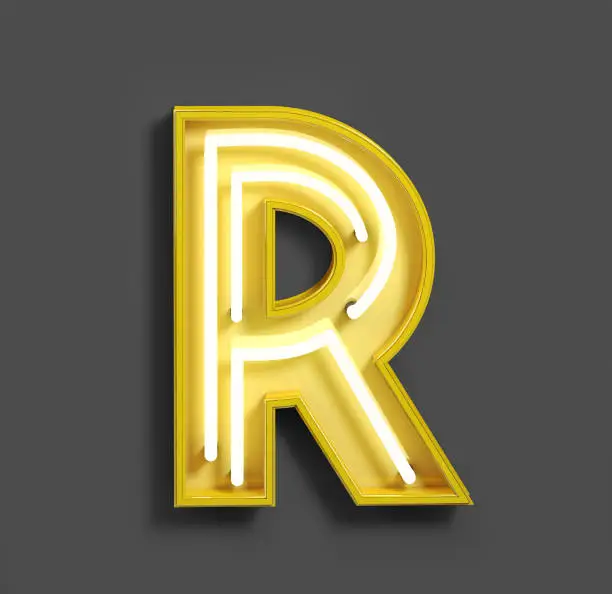 Bright Neon Font with fluorescent yellow tubes. Letter R. Night Show Alphabet. 3d Rendering Isolated on Dark Background.