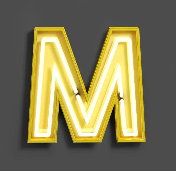 Bright Neon Font with fluorescent yellow tubes. Letter M. Night Show Alphabet. 3d Rendering Isolated on Dark Background.