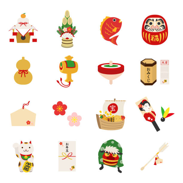 Japanese lucky goods icons Illustration of japanese lucky goods icons. good luck charm stock illustrations