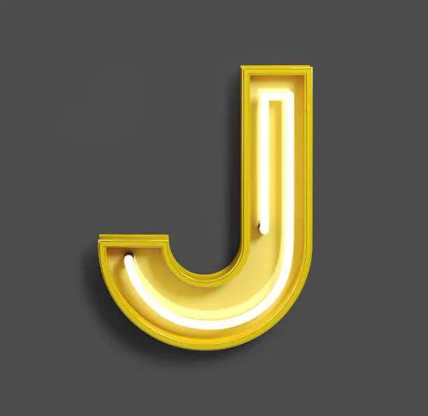 Bright Neon Font with fluorescent yellow tubes. Letter J. Night Show Alphabet. 3d Rendering Isolated on Dark Background.