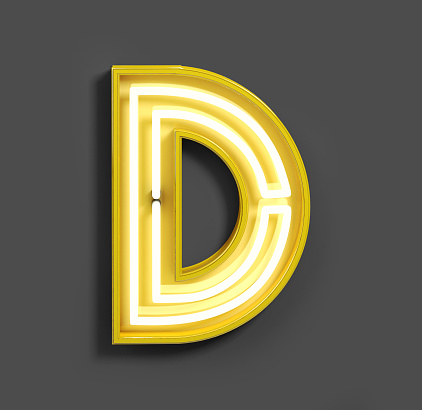 Bright Neon Font with fluorescent yellow tubes. Letter D. Night Show Alphabet. 3d Rendering Isolated on Dark Background.