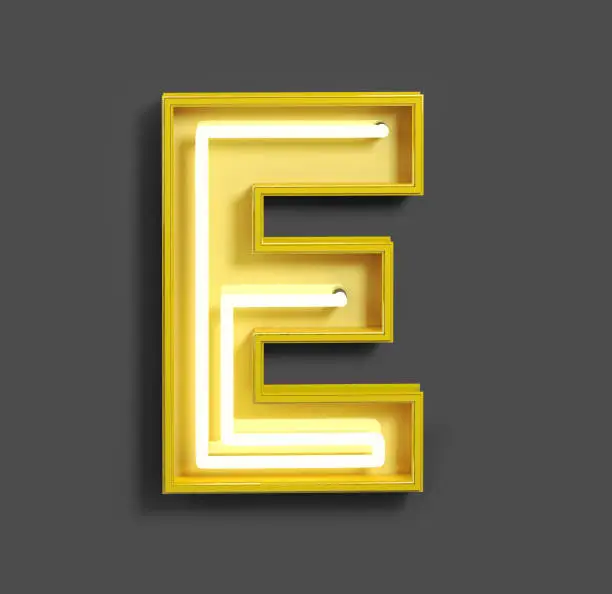 Bright Neon Font with fluorescent yellow tubes. Letter E. Night Show Alphabet. 3d Rendering Isolated on Dark Background.