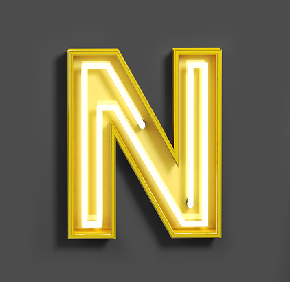 Bright Neon Font with fluorescent yellow tubes. Letter N.