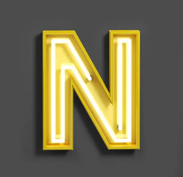 Bright Neon Font with fluorescent yellow tubes. Letter N. Night Show Alphabet. 3d Rendering Isolated on Dark Background.