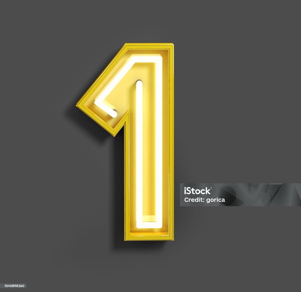 Bright Neon Font with fluorescent yellow tubes. Number 1. Bright Neon Font with fluorescent yellow tubes. Number 1. Night Show Alphabet. 3d Rendering Isolated on Dark Background. Number 1 Stock Photo