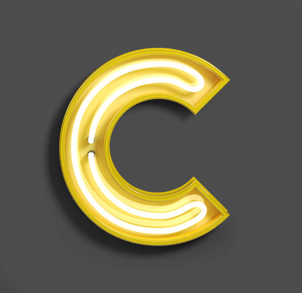 Bright Neon Font with fluorescent yellow tubes. Letter C.