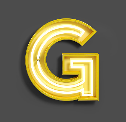 Bright Neon Font with fluorescent yellow tubes. Letter G. Night Show Alphabet. 3d Rendering Isolated on Dark Background.