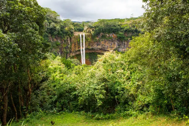 The Chamarel Waterfalls on the Indian Ocean island of Mauritius are 90m high and fall from the River St Denis in the Black River Mountains to form the River du Cap below.