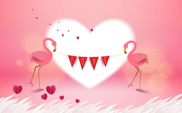 Thiệp Tình Yêu Và Ngày Valentine Những Chú Chim Hồng Hạc Lãng Mạn Cầm Cờ  Tình Yêu Trên Nền Màu Hồng Thiệp Chúc Mừng Với Những Con Chim Tình Yêu Và  Hoa