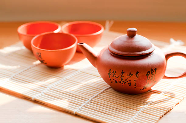 istock Ceramic teapot and teacups with Chinese inscription 104091496