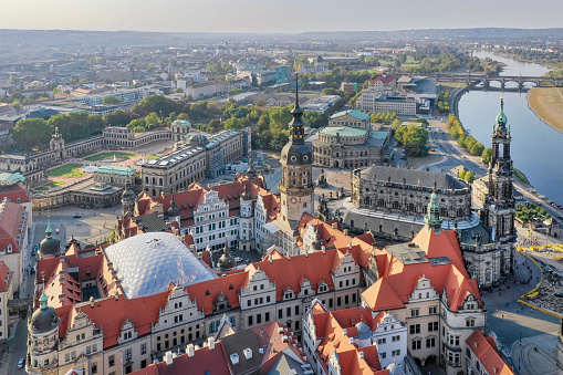Aerial of the Dresden Skyline, Katholische Hofkirche, Frauenkirche, Zwinger, Elbe. Converted from RAW.