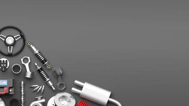 istock Various car parts and accessories on grey background. 3d illustration 1040916770