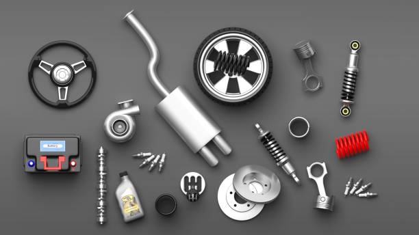 istock Various car parts and accessories on grey background. 3d illustration 1040916778