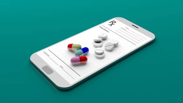 錠剤やスマート フォンで処方。3 d イラストレーション - 処方箋 ストックフォトと画像