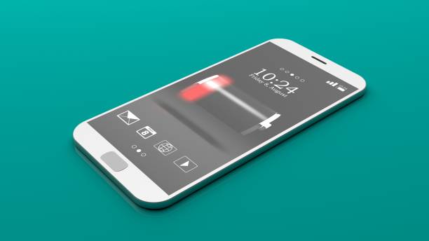 Low battery sign on a smartphone screen on green background. 3d illustration