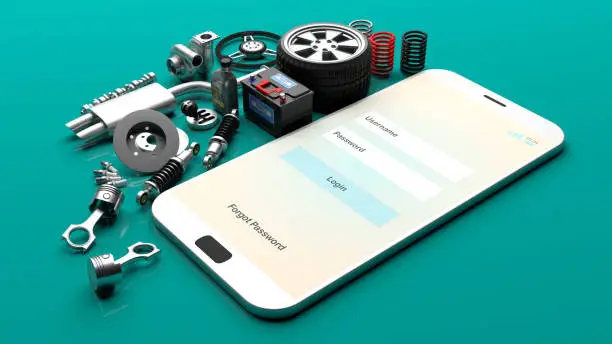 Photo of Car parts on a smartphone screen. 3d illustration