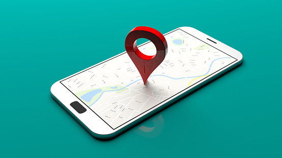 Smartphone with map pointer on the screen, green background. 3d illustration