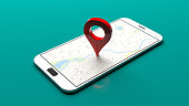 Smartphone - map pointer on the screen, green background. 3d illustration