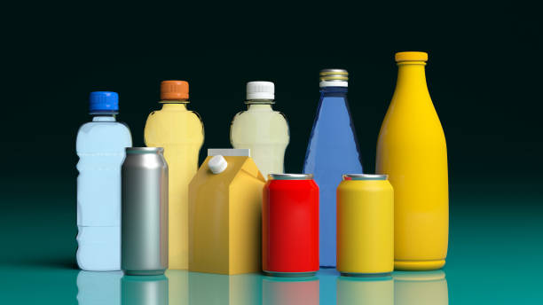 istock Set of beverages products on green blue surface. 3d illustration 1040916916