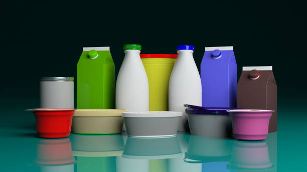 istock Set of dairy breakfast products on green blue table. 3d illustration 1040916958