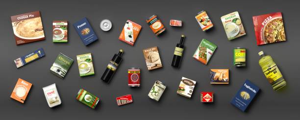 collezione di cibo confezionato su sfondo grigio. illustrazione 3d - packaging foto e immagini stock