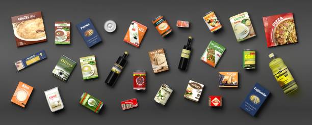 istock Collection of packaged food on grey background. 3d illustration 1040917000