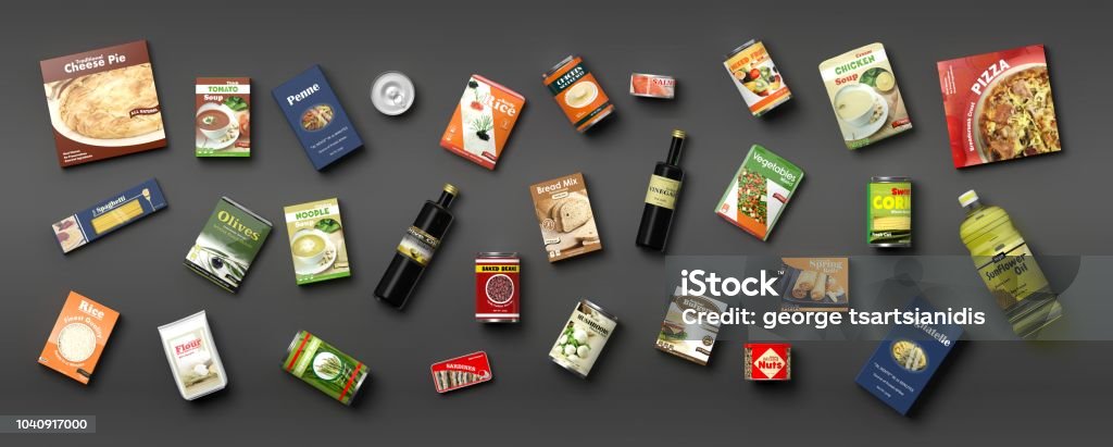 Collection of packaged food on grey background. 3d illustration Collection of packaged food isolated on grey background. 3d illustration Food Stock Photo