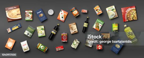 Collection Of Packaged Food On Grey Background 3d Illustration Stock Photo - Download Image Now