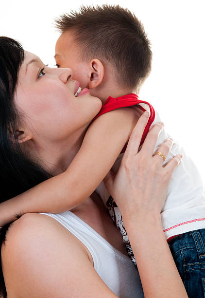 A Mother and child son over white background