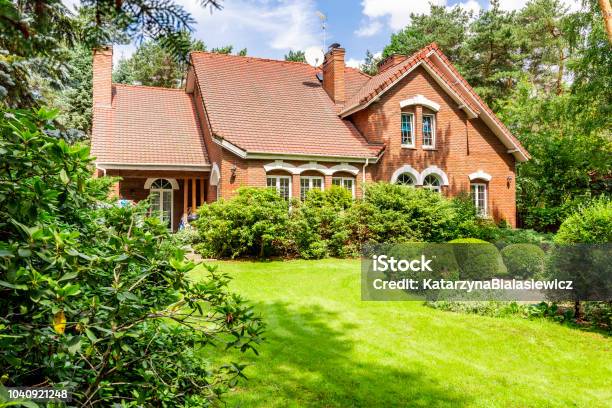 Backround Yard Of A Beautiful English Style House With Bushes And Green Lawn Real Photo Stock Photo - Download Image Now