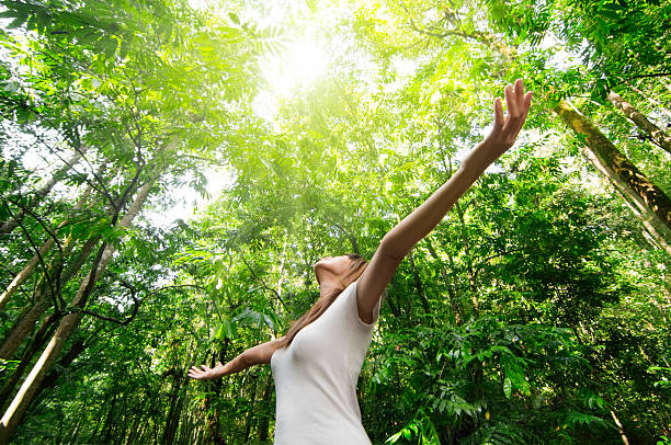 Young woman enjoying nature in green forest Young woman arms raised enjoying the fresh air in green forest beauty in nature stock pictures, royalty-free photos & images