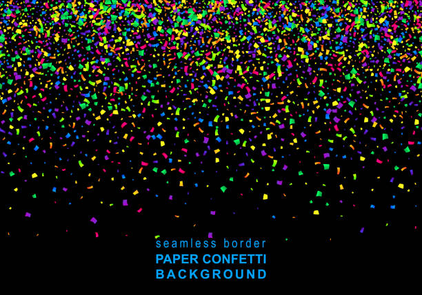 istock Vector Bright Colorful seamless border of scattered paper confetti isolated on black background. Falling gradient  particles for Carnival, Mardi Gras decoration. 1040925608