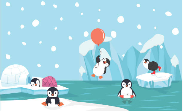 ilustraciones, imágenes clip art, dibujos animados e iconos de stock de personajes lindo pingüino establecer fondo de polo withnorth - pingüino