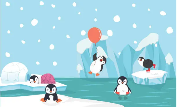 Vector illustration of Cute penguin characters  set withNorth pole  background