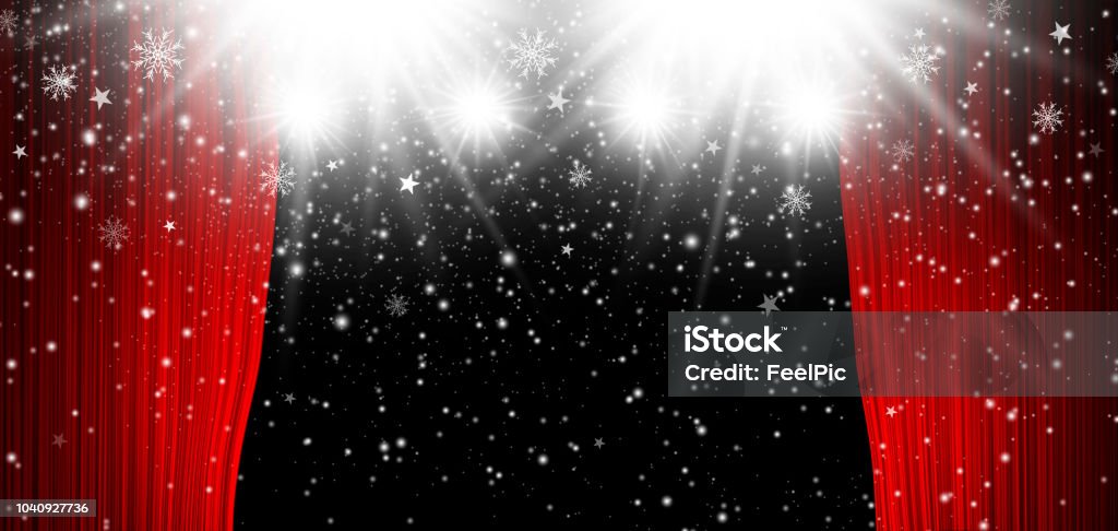 Red stage curtain with spotlight and falling snow christmas background Christmas Stock Photo