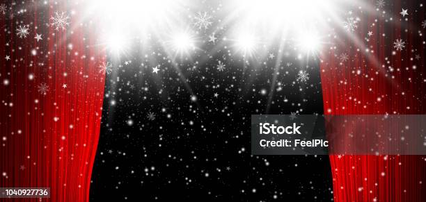 Red Stage Curtain With Spotlight And Falling Snow Christmas Background Stock Photo - Download Image Now