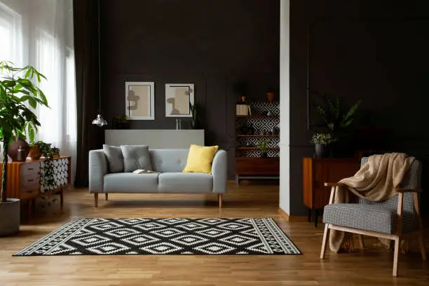 Photo of Real photo of open space dark living room interior with molding and posters on wall, patterned carpet, lounge with cushions and retro furniture