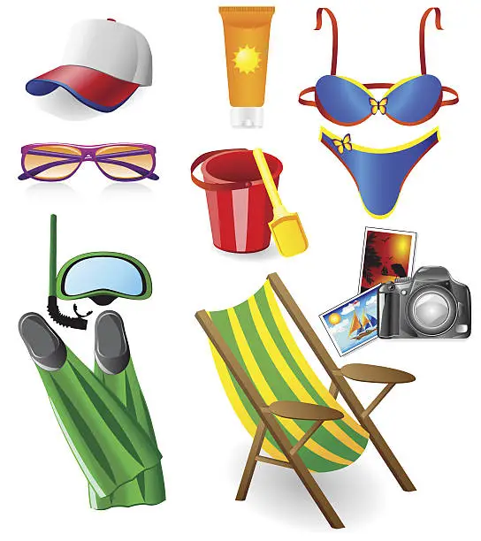 Vector illustration of set for rest on a  sun sea and beach