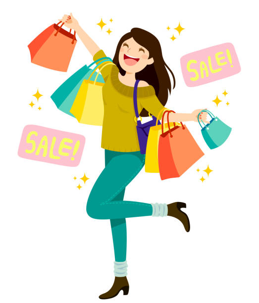 Sales Shopping Happy young woman holding shopping bags and enjoying sales shopping bag illustrations stock illustrations
