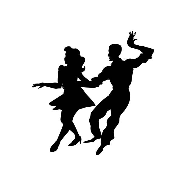 sylwetka mężczyzny i kobiety tańczących na huśtawce, lindy hop, tańce towarzyskie. czarno-biały obraz izolowany na białym tle. ilustracja wektorowa. - 1940s style women 1950s style retro revival stock illustrations