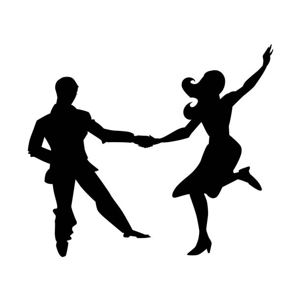 silhouette von mann und frau tanzt ein swing, lindy hop, gesellschaftstänze. die schwarz / weiß bild isoliert auf einem weißen hintergrund. vektor-illustration. - 1940s style women 1950s style retro revival stock-grafiken, -clipart, -cartoons und -symbole