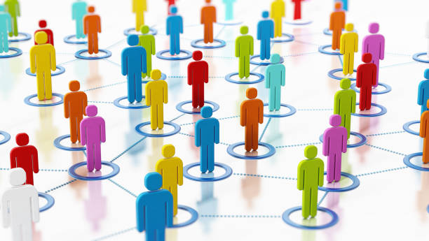 istock Network of blue circles connecting colorful people figures 1040936520