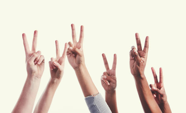 istock Large mixed group of hands, all raised, giving Victory signals 1040937280