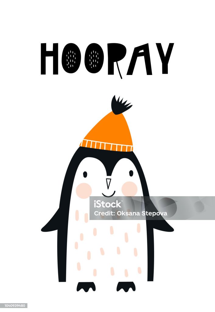 Hooray - Cute hand drawn nursery poster with penguin animal and hand drawn lettering in scandinavian style Hooray - Cute hand drawn nursery poster with penguin animal and hand drawn lettering. Vector illustration in scandinavian style. Animal stock vector