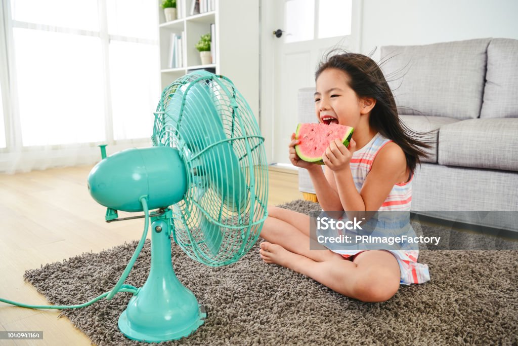 child eating watermelon with two hands. child eating watermelon with two hands. sitting in front of the electric fan.  taking a big bite delightfully. Heat - Temperature Stock Photo