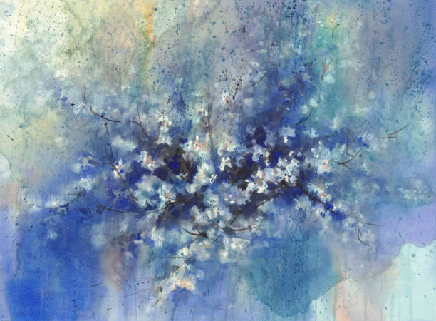istock A sakura flowering in the night rainy watercolor background. 1040945074