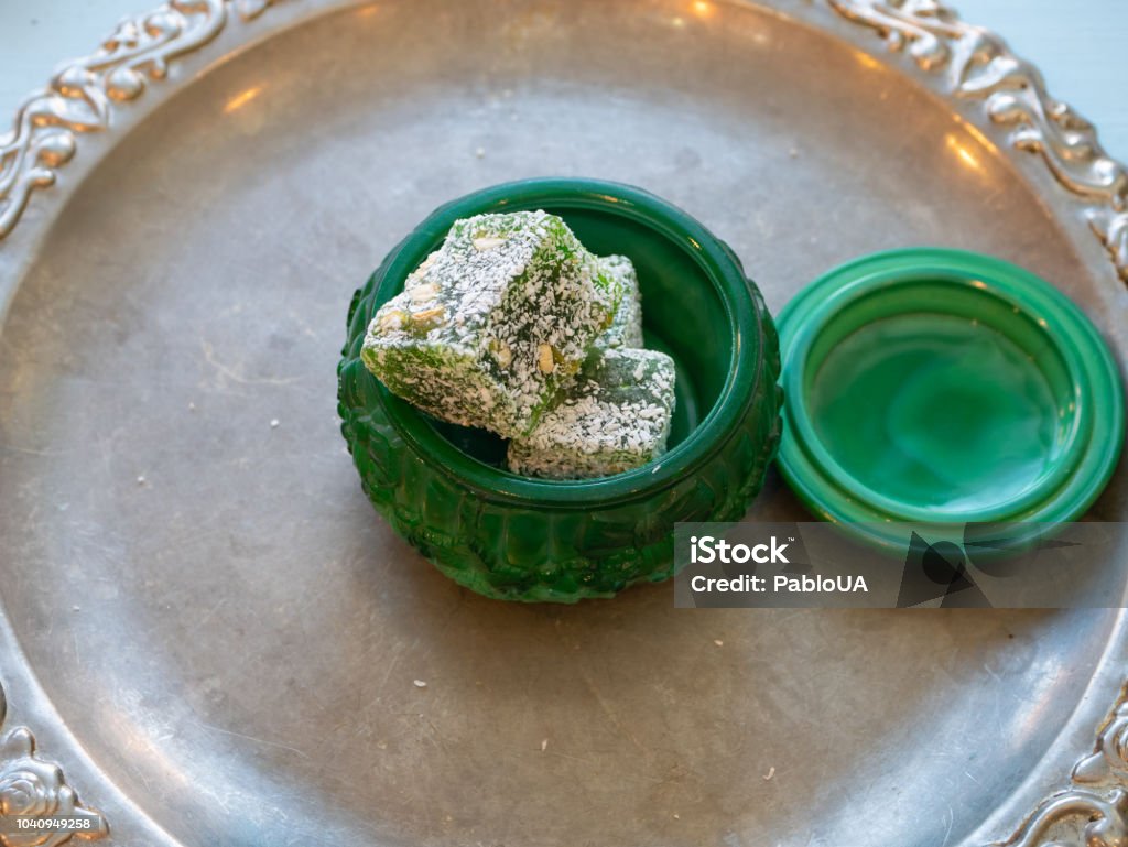 Opened Emerald Green Casket With Turkish Delights Stock Photo